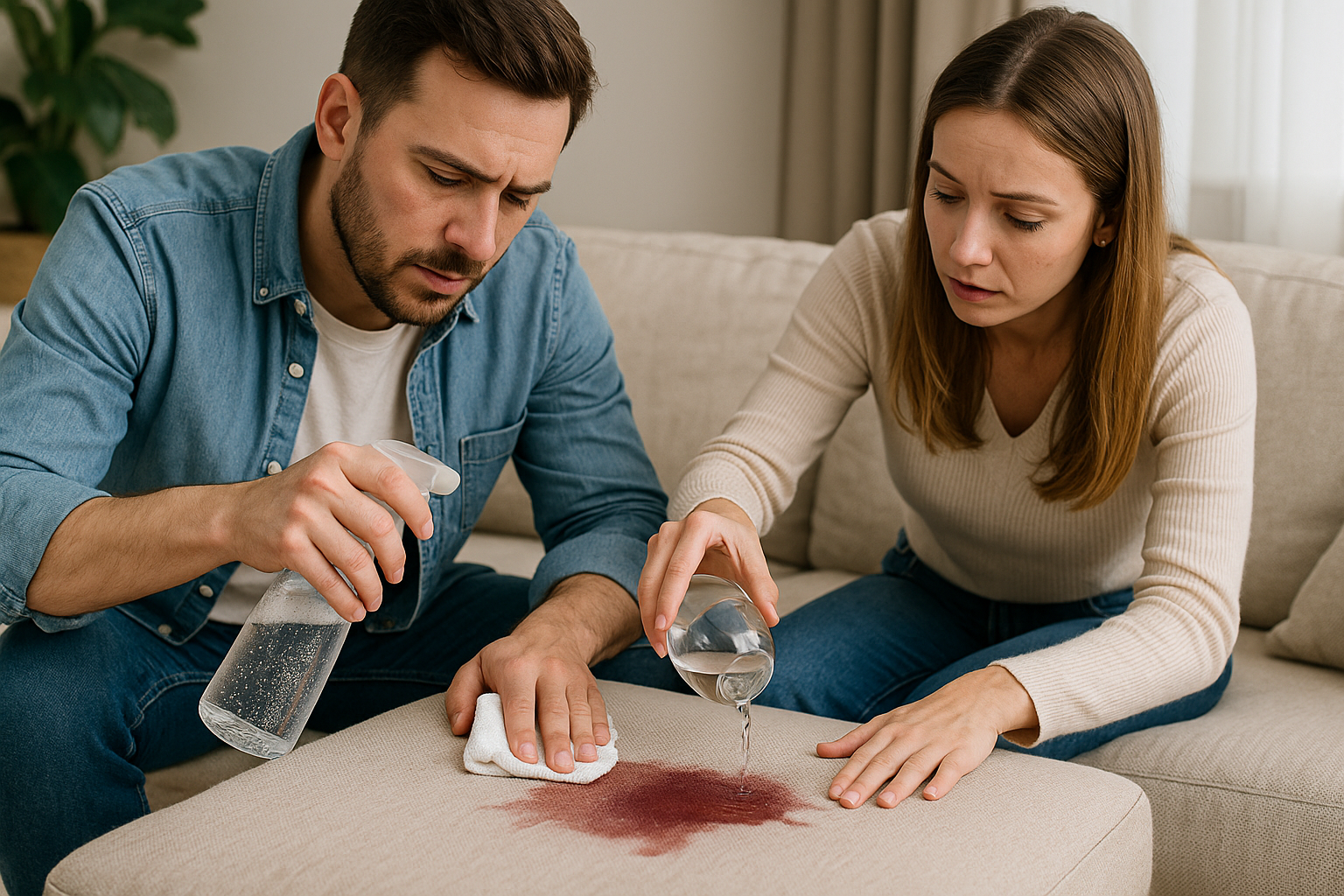 Pareja limpia derrame de vino tinto en sillón beige con agua con gas y pulverizador