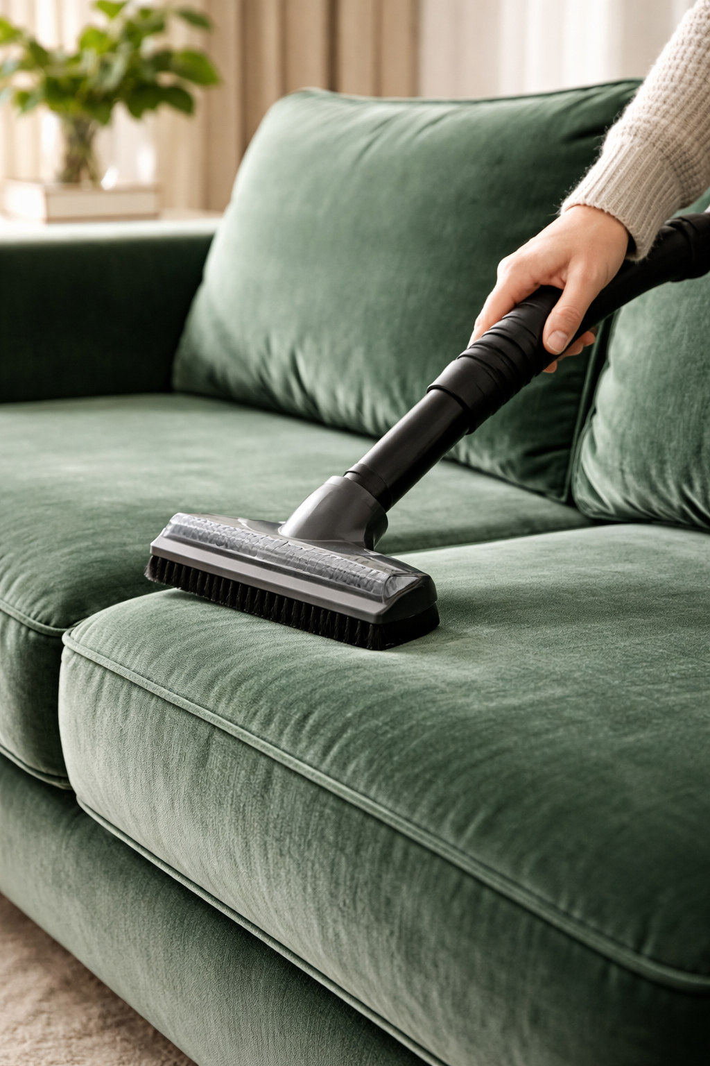 Aspirado suave de un sillón de terciopelo con boquilla de cepillo, en el sentido del pelo