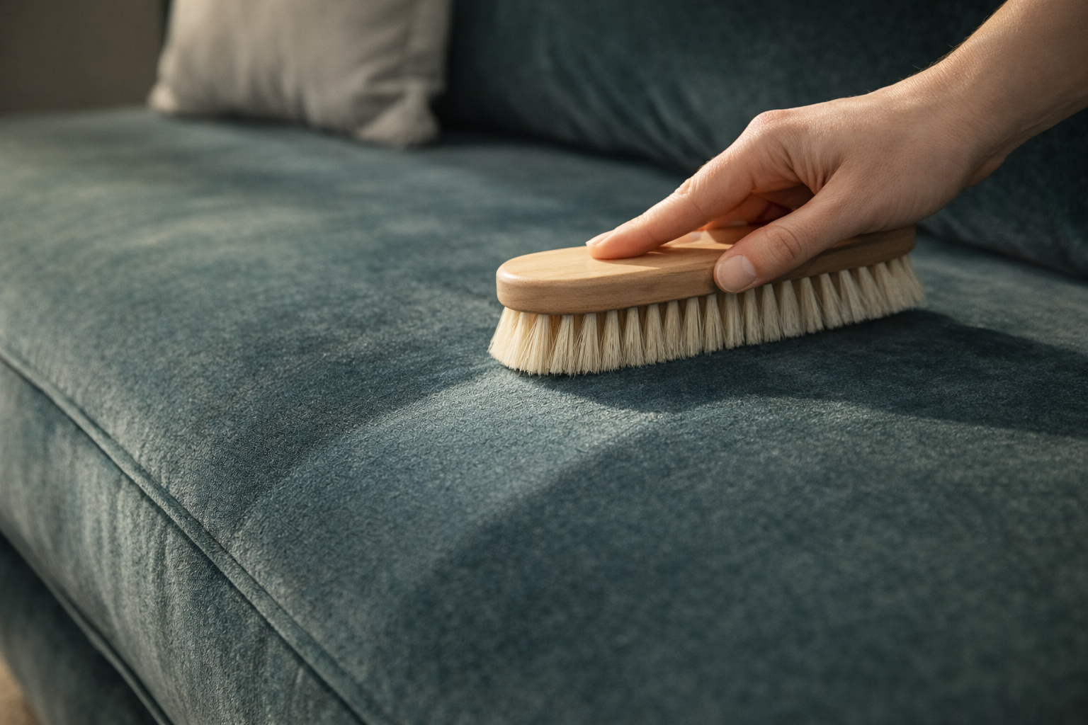 Aplicación de limpiador enzimático sobre una mancha de orina en alfombra clara, con paño absorbente al costado