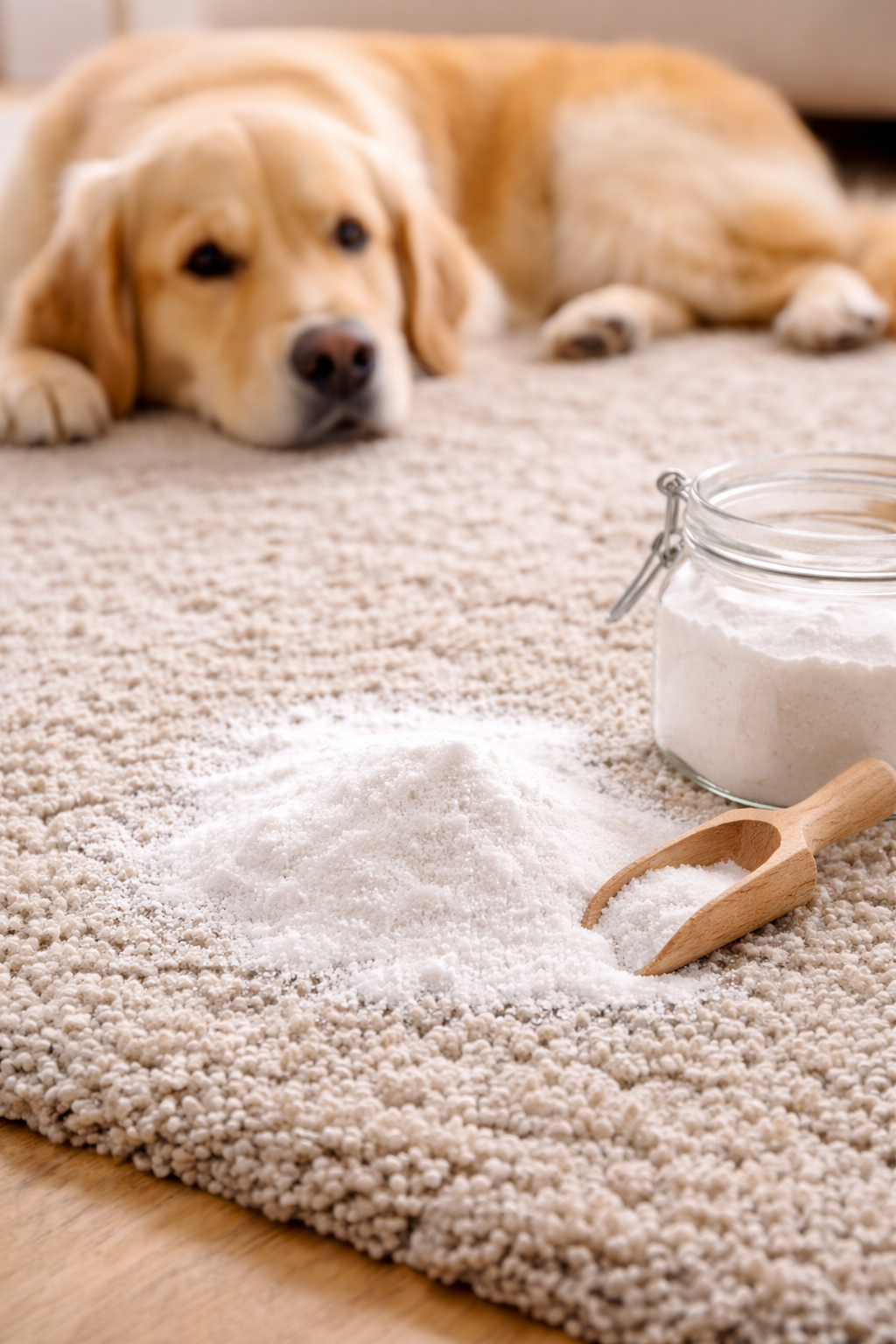 Bicarbonato aplicado en una zona de la alfombra donde suele descansar el perro